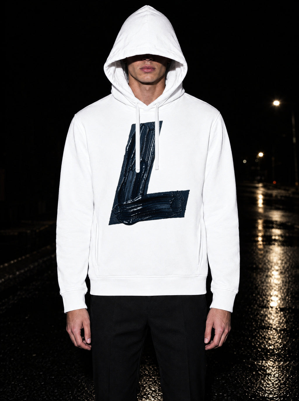 DARK L Hoodie, White, worn, hood up